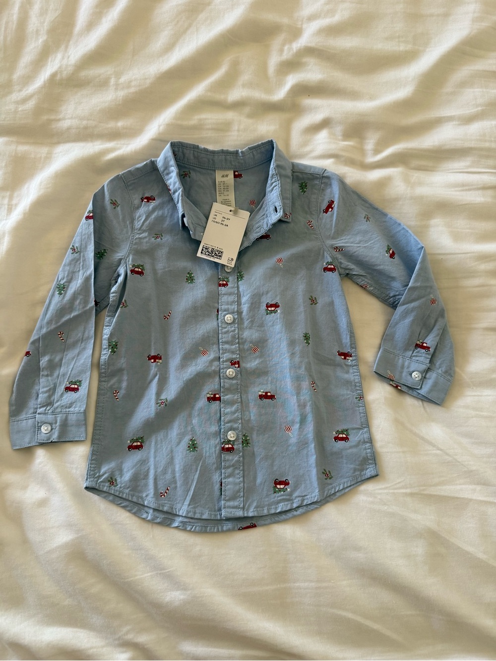 H&M Light Blue Holiday Embroidered Button-Down Shirt - Kids